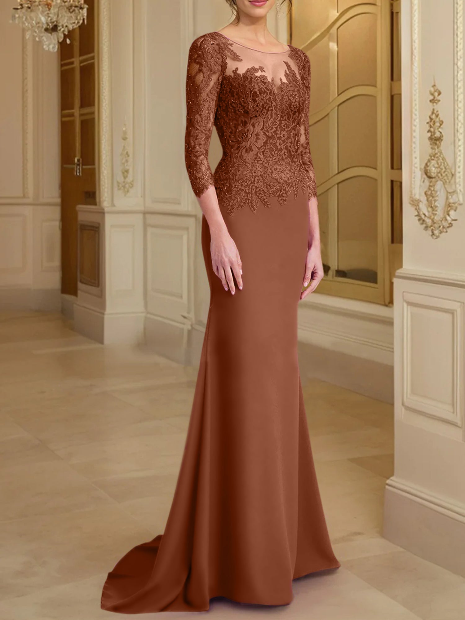 Robe de mère de la mariée en dentelle, coupe trompette/sirène, manches longues et décolleté rond. 