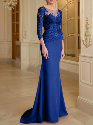 Robe de mère de la mariée en dentelle, coupe trompette/sirène, manches longues et décolleté rond. 