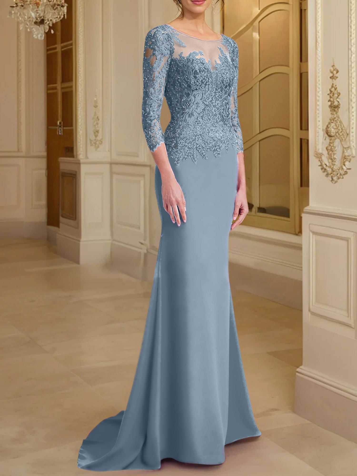 Robe de mère de la mariée en dentelle, coupe trompette/sirène, manches longues et décolleté rond. 