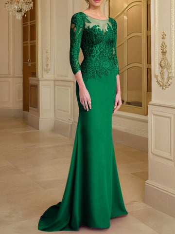 Robe de mère de la mariée en dentelle, coupe trompette/sirène, manches longues et décolleté rond. 