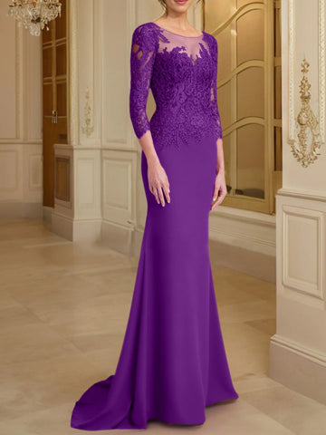 Robe de mère de la mariée en dentelle, coupe trompette/sirène, manches longues et décolleté rond. 