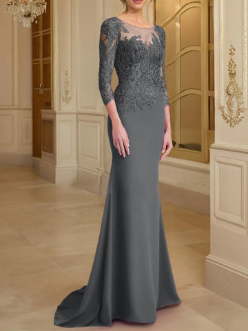 Robe de mère de la mariée en dentelle, coupe trompette/sirène, manches longues et décolleté rond. 