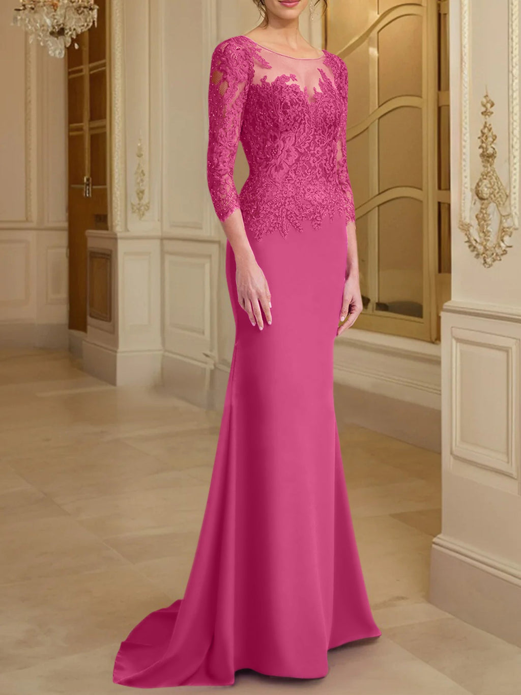 Robe de mère de la mariée en dentelle, coupe trompette/sirène, manches longues et décolleté rond. 