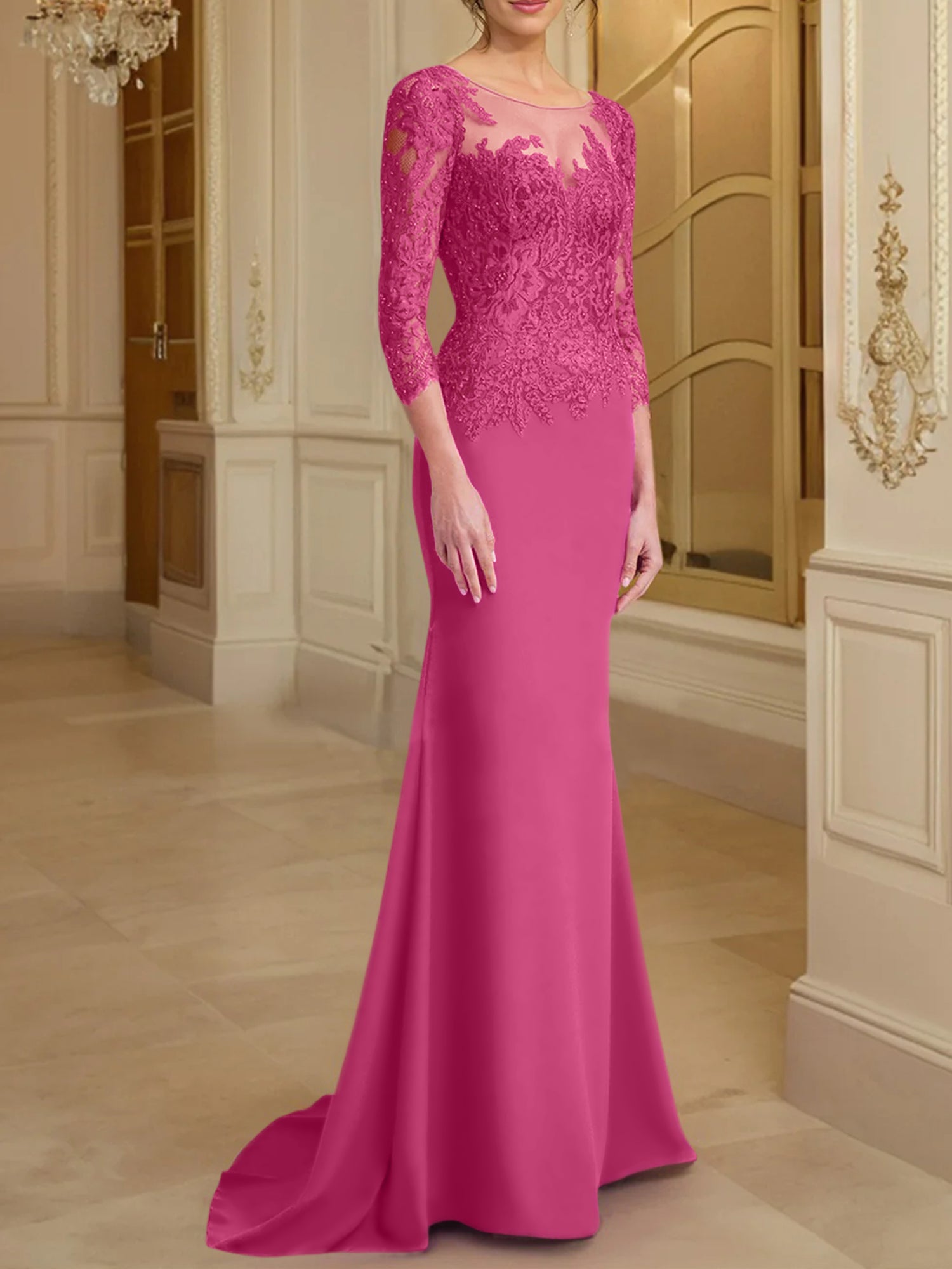 Robe de mère de la mariée en dentelle, coupe trompette/sirène, manches longues et décolleté rond. 