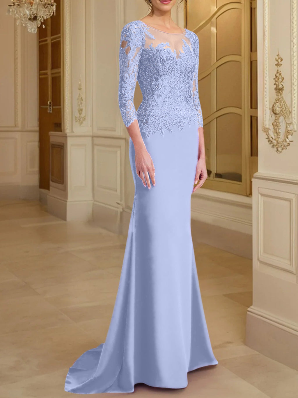 Robe de mère de la mariée en dentelle, coupe trompette/sirène, manches longues et décolleté rond. 