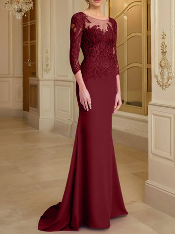 Robe de mère de la mariée en dentelle, coupe trompette/sirène, manches longues et décolleté rond. 