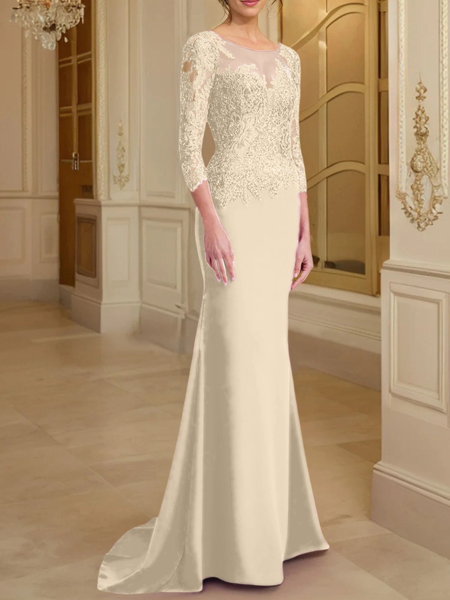 Robe de mère de la mariée en dentelle, coupe trompette/sirène, manches longues et décolleté rond. 