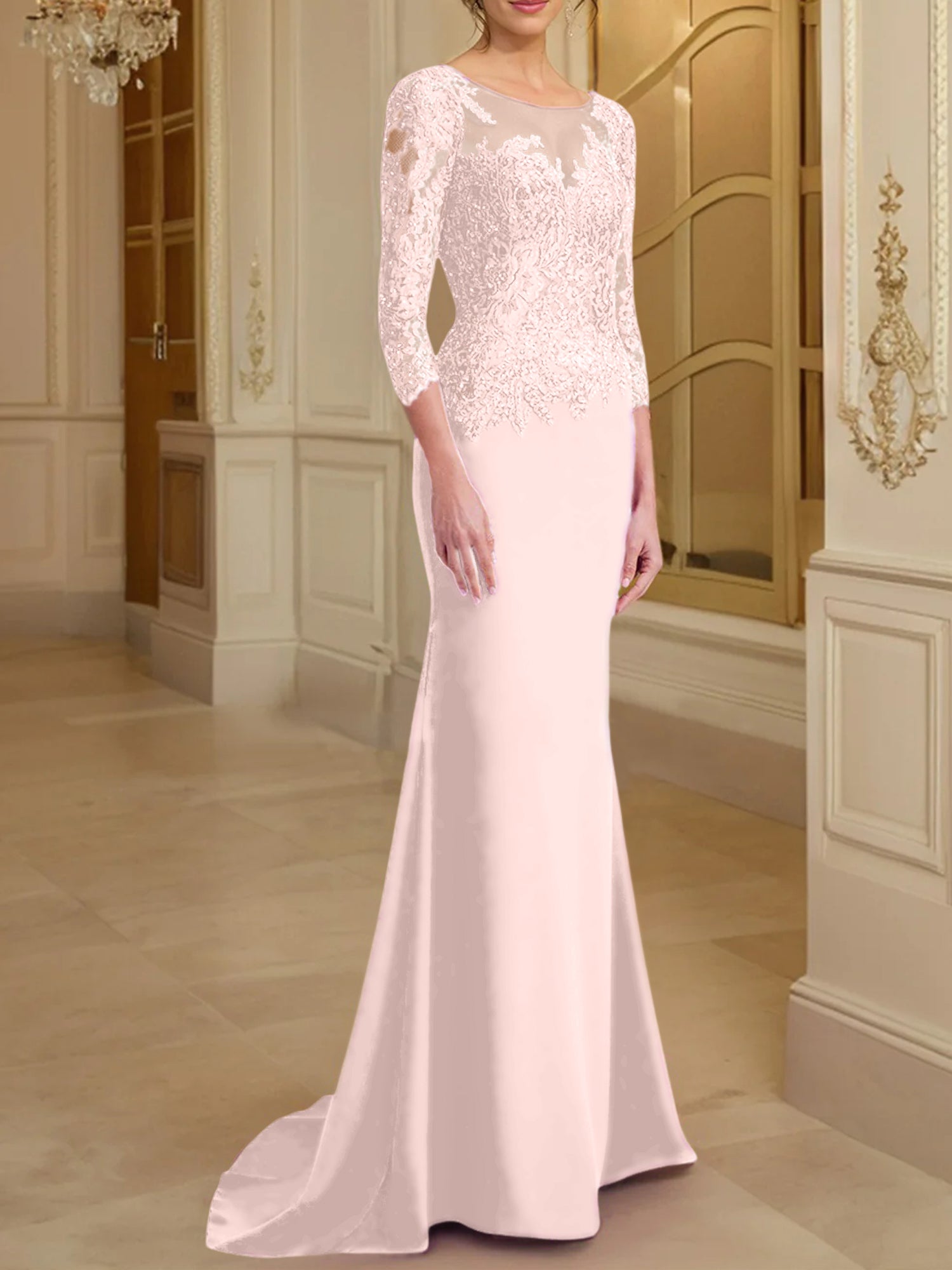 Robe de mère de la mariée en dentelle, coupe trompette/sirène, manches longues et décolleté rond. 
