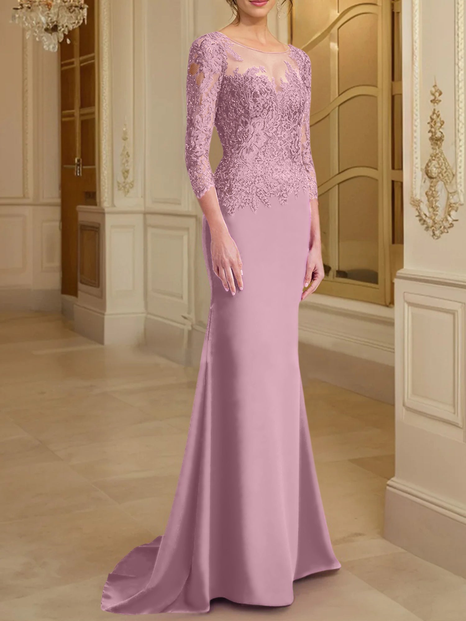 Robe de mère de la mariée en dentelle, coupe trompette/sirène, manches longues et décolleté rond. 