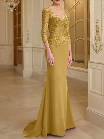Robe de mère de la mariée en dentelle, coupe trompette/sirène, manches longues et décolleté rond. 