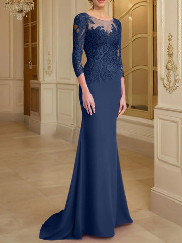 Robe de mère de la mariée en dentelle, coupe trompette/sirène, manches longues et décolleté rond. 