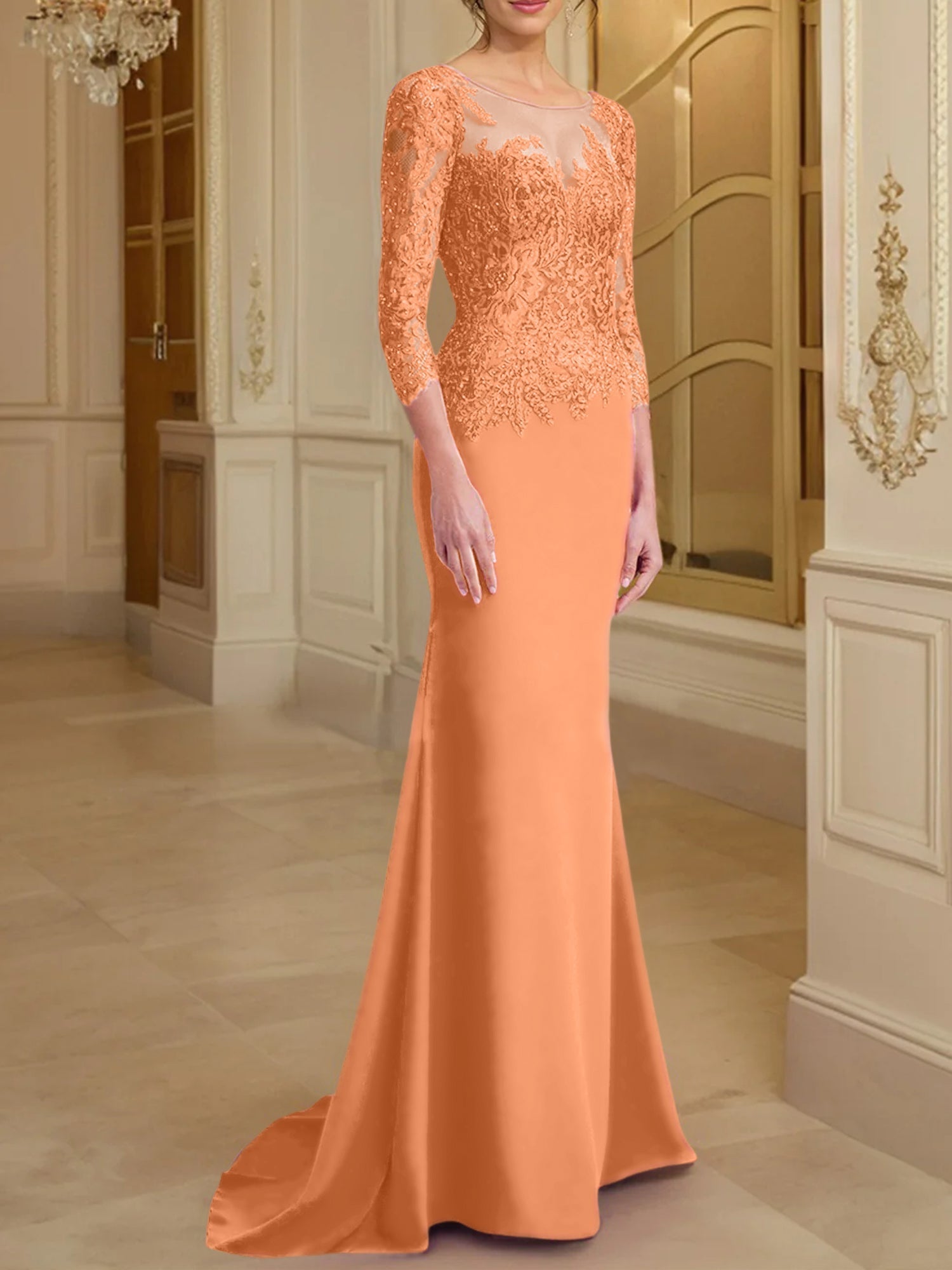 Robe de mère de la mariée en dentelle, coupe trompette/sirène, manches longues et décolleté rond. 