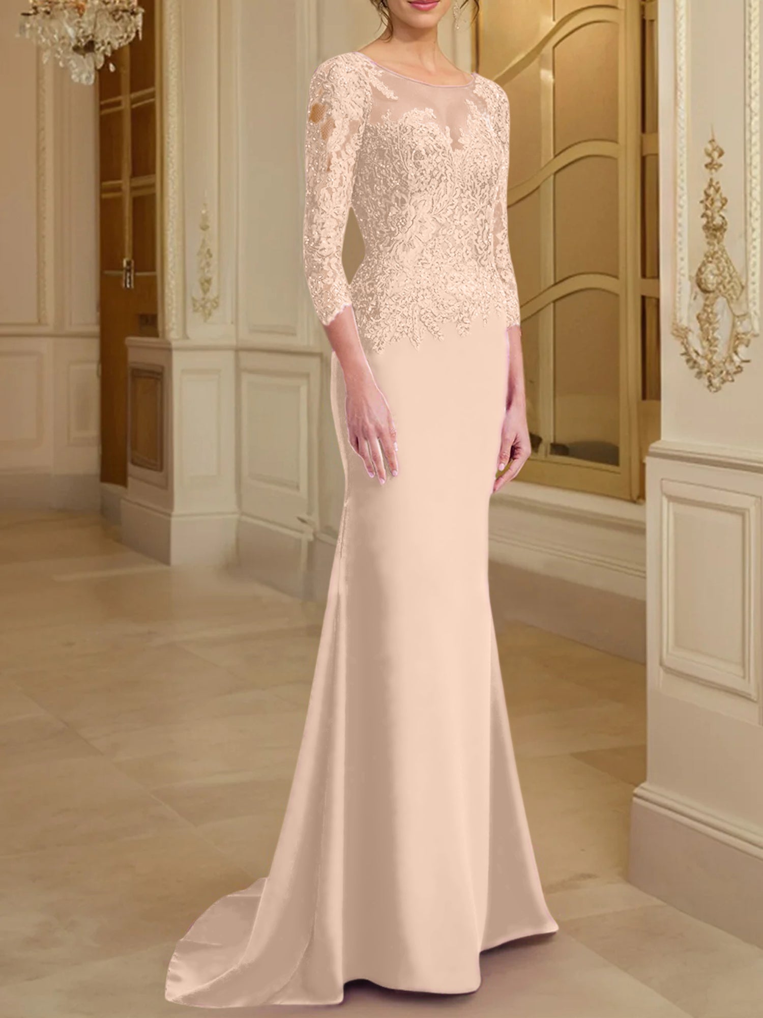 Robe de mère de la mariée en dentelle, coupe trompette/sirène, manches longues et décolleté rond. 