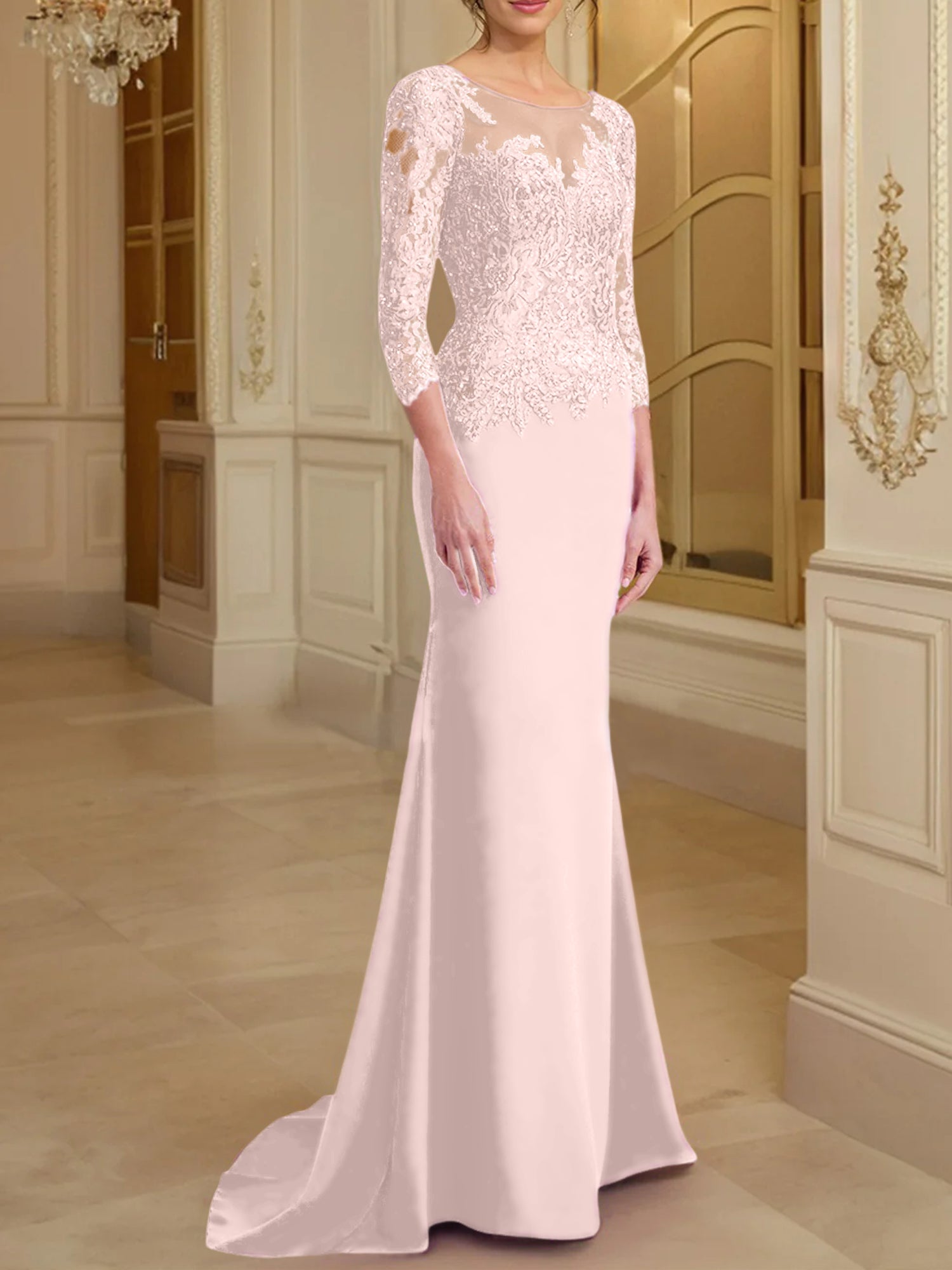 Robe de mère de la mariée en dentelle, coupe trompette/sirène, manches longues et décolleté rond. 