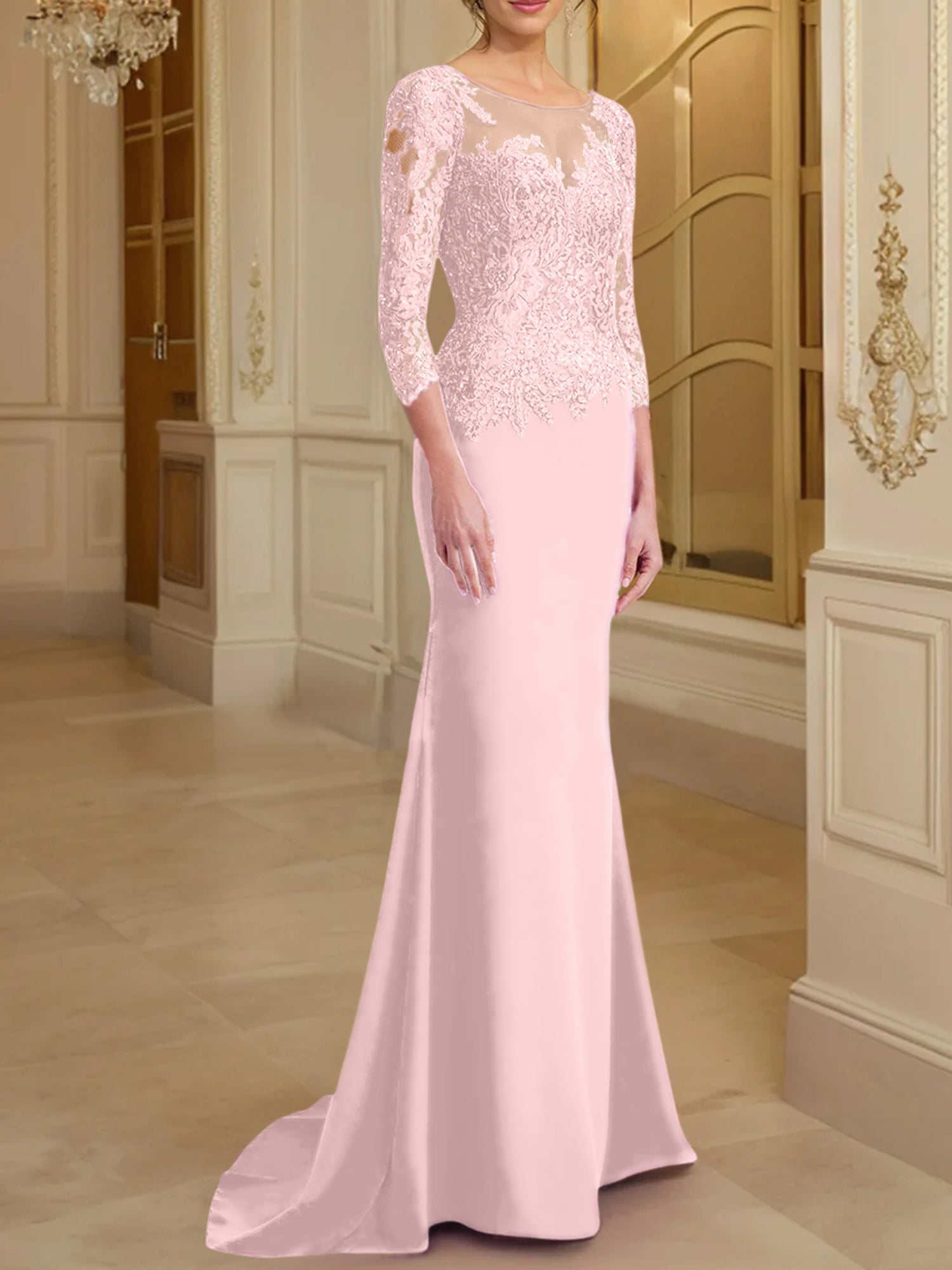 Robe de mère de la mariée en dentelle, coupe trompette/sirène, manches longues et décolleté rond. 