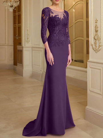 Robe de mère de la mariée en dentelle, coupe trompette/sirène, manches longues et décolleté rond. 