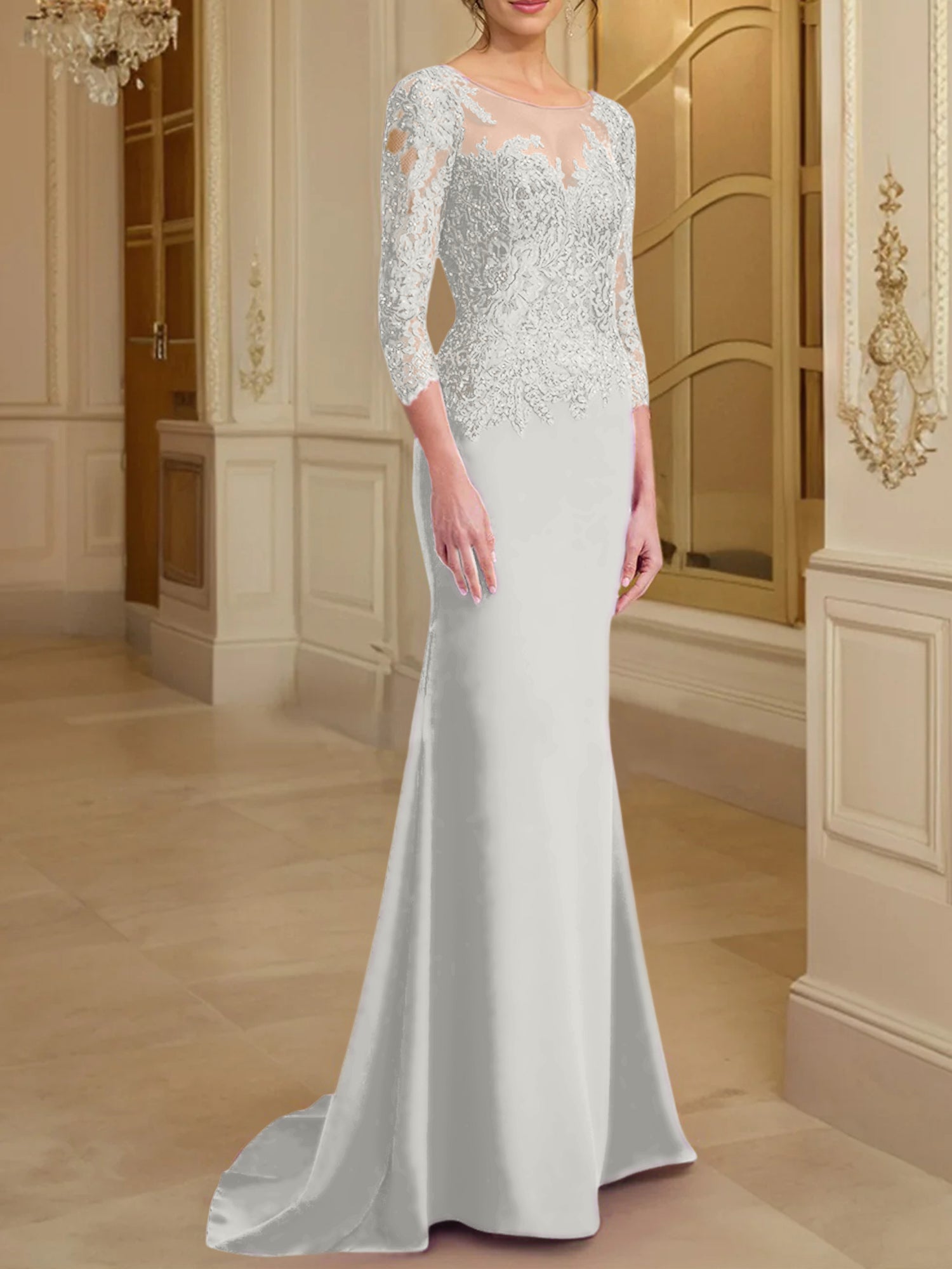 Robe de mère de la mariée en dentelle, coupe trompette/sirène, manches longues et décolleté rond. 