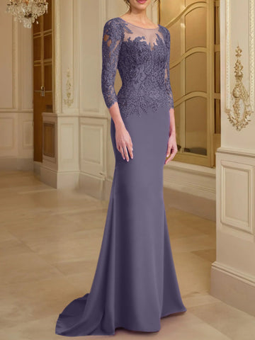 Robe de mère de la mariée en dentelle, coupe trompette/sirène, manches longues et décolleté rond. 