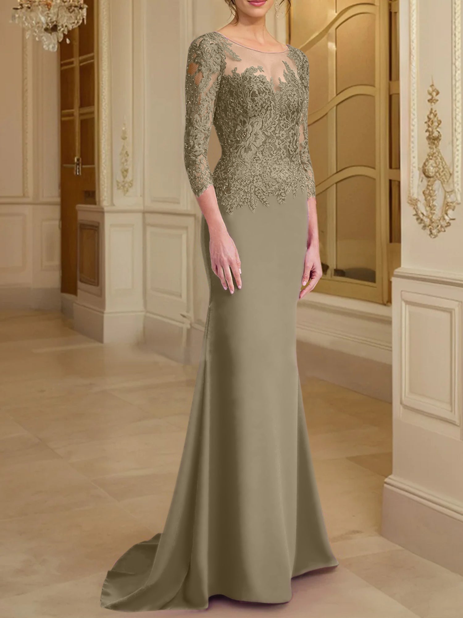 Robe de mère de la mariée en dentelle, coupe trompette/sirène, manches longues et décolleté rond. 