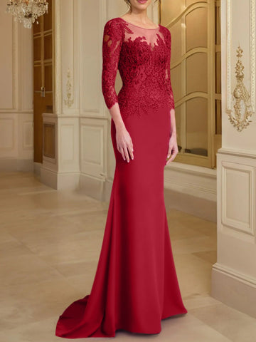 Robe de mère de la mariée en dentelle, coupe trompette/sirène, manches longues et décolleté rond. 