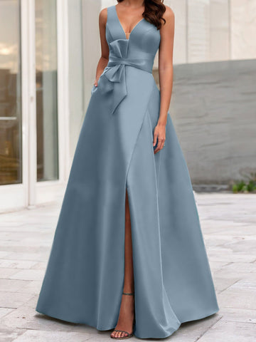 Robe de mère de la mariée sans manches, coupe trapèze/princesse, col en V et fente latérale 