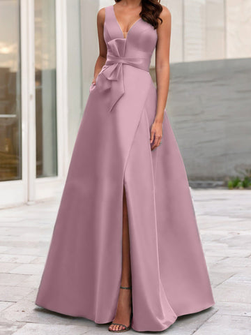 Robe de mère de la mariée sans manches, coupe trapèze/princesse, col en V et fente latérale 