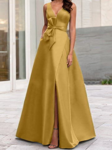 Robe de mère de la mariée sans manches, coupe trapèze/princesse, col en V et fente latérale 