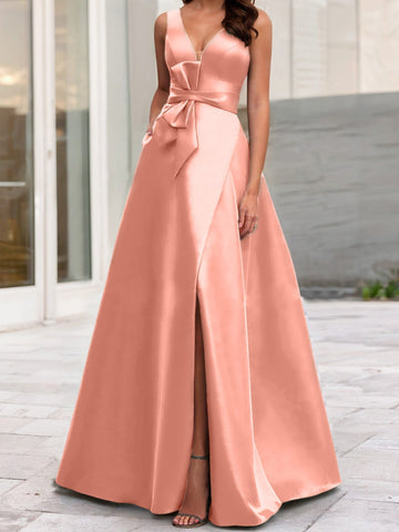 Robe de mère de la mariée sans manches, coupe trapèze/princesse, col en V et fente latérale 