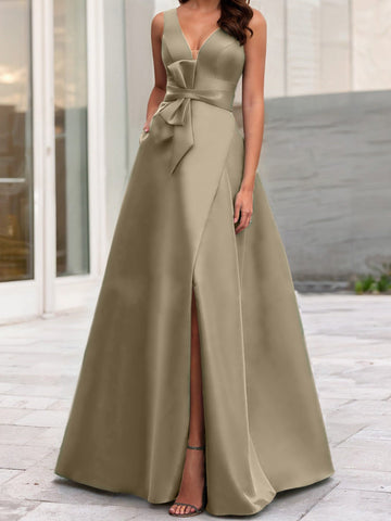 Robe de mère de la mariée sans manches, coupe trapèze/princesse, col en V et fente latérale 