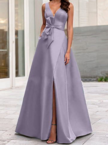 Robe de mère de la mariée sans manches, coupe trapèze/princesse, col en V et fente latérale 