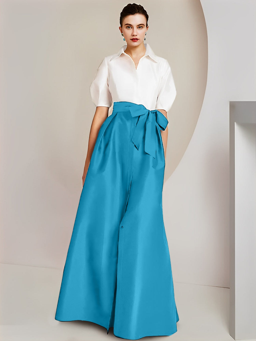 Robes de mère de la mariée 2 pièces, coupe trapèze/princesse, col chemise, manches courtes 