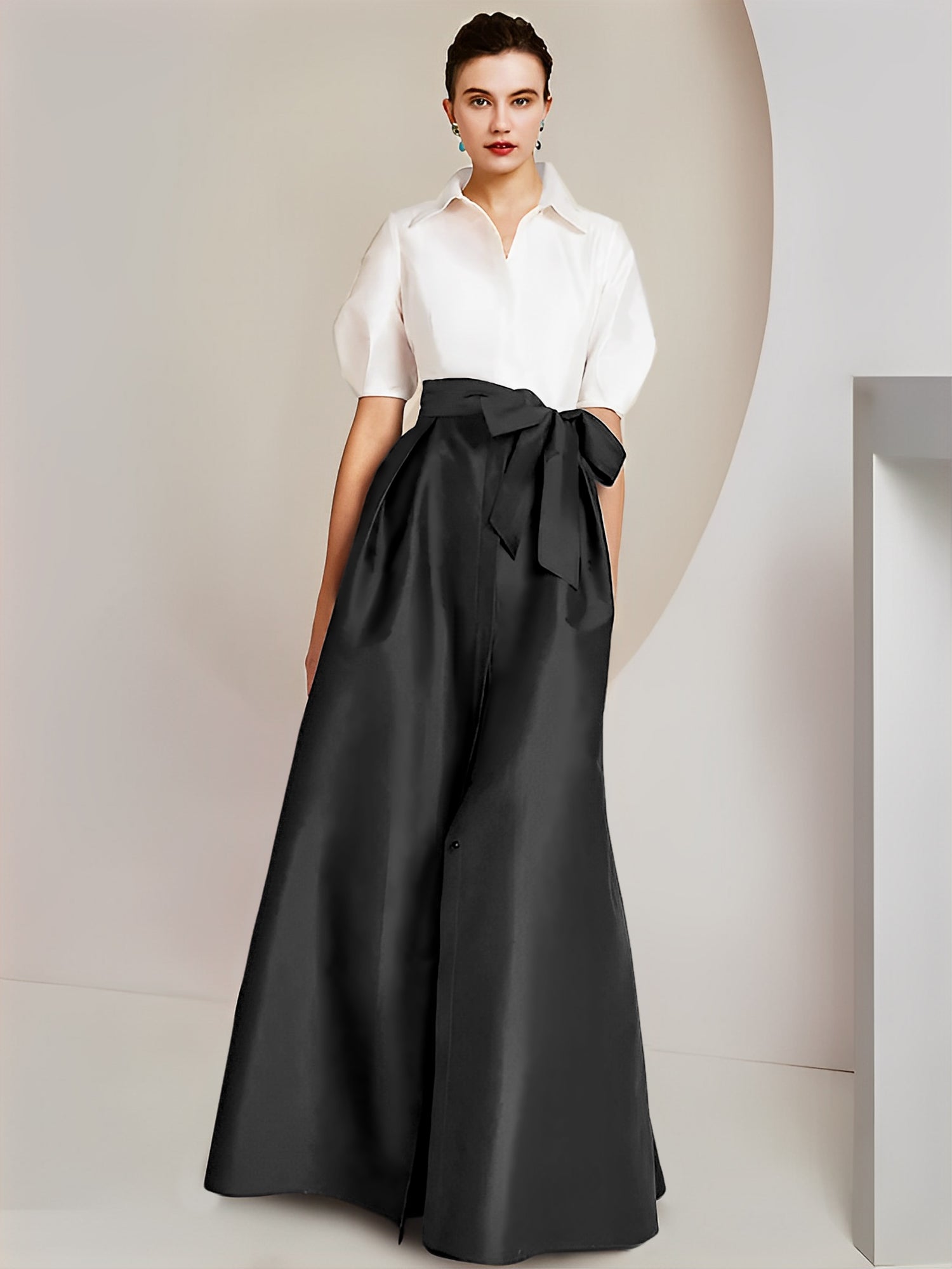 Robes de mère de la mariée 2 pièces, coupe trapèze/princesse, col chemise, manches courtes 