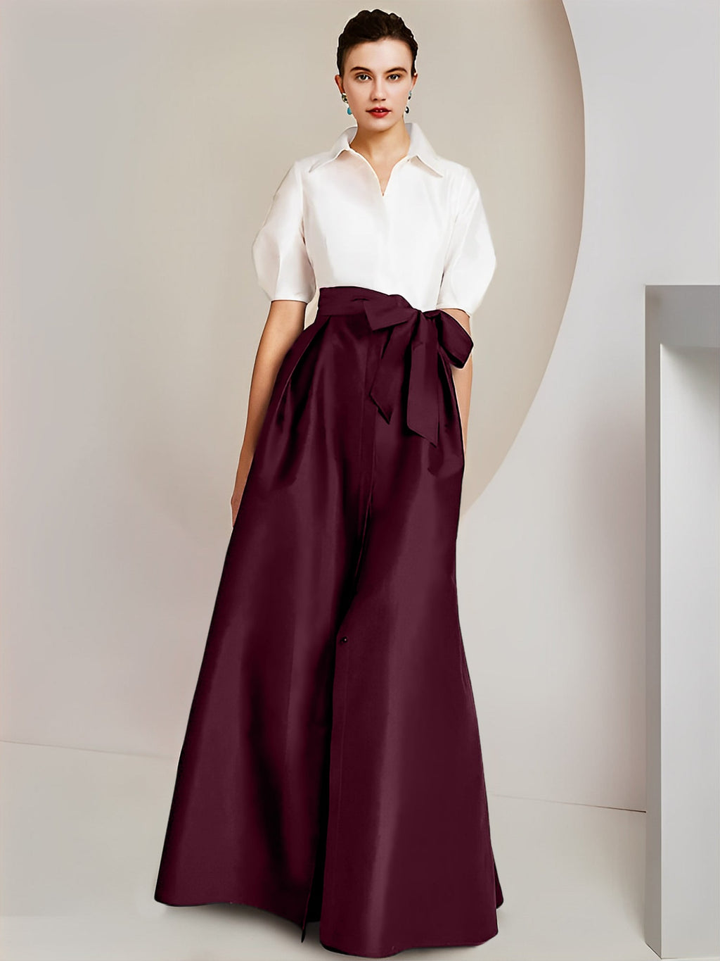 Robes de mère de la mariée 2 pièces, coupe trapèze/princesse, col chemise, manches courtes 