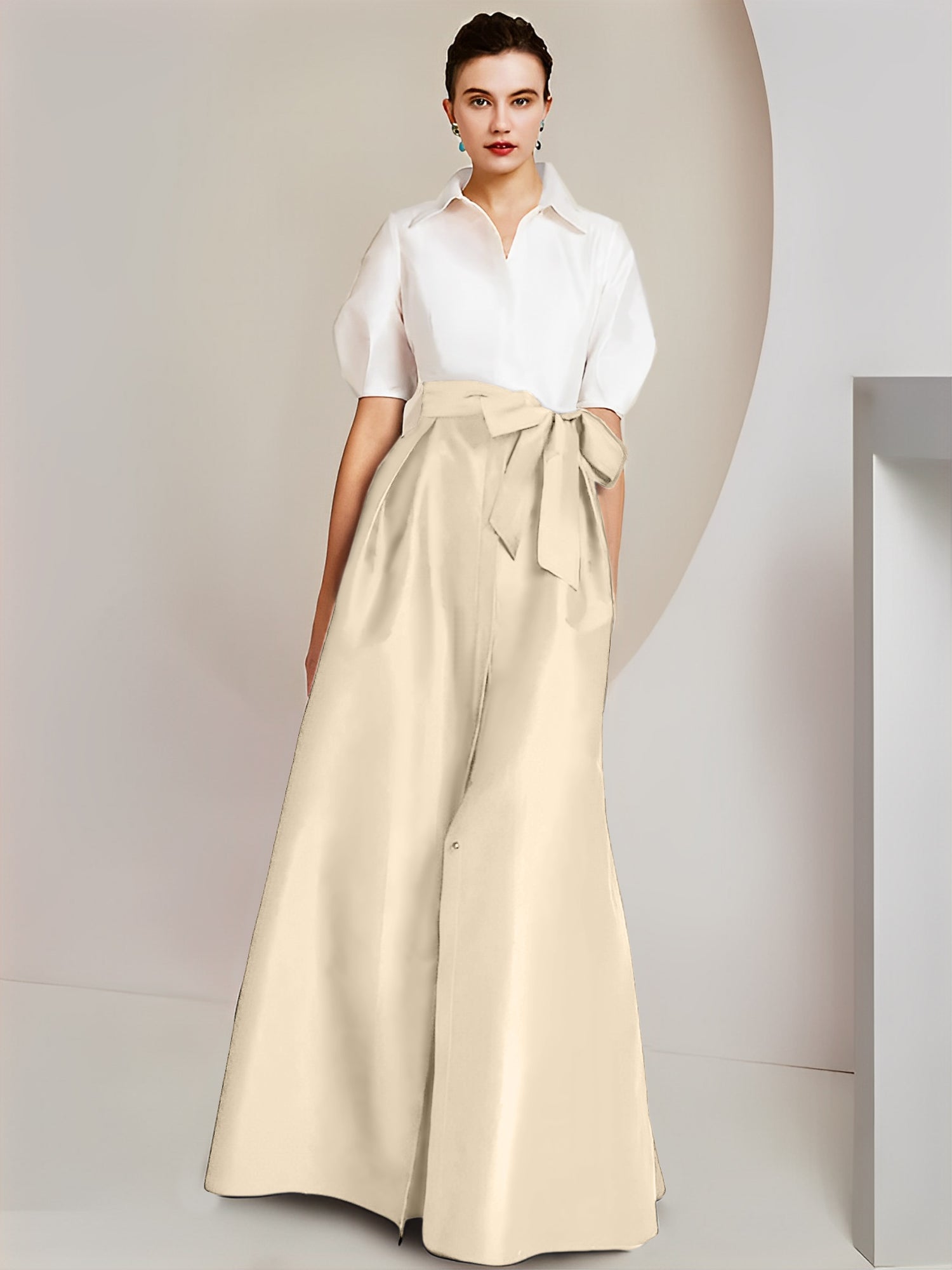 Robes de mère de la mariée 2 pièces, coupe trapèze/princesse, col chemise, manches courtes 