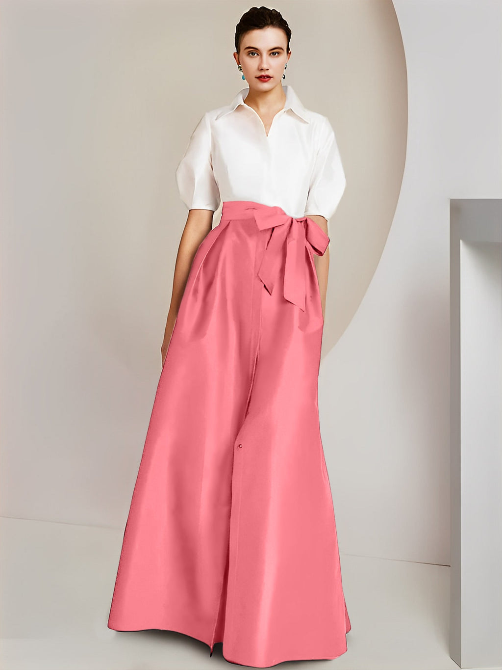 Robes de mère de la mariée 2 pièces, coupe trapèze/princesse, col chemise, manches courtes 