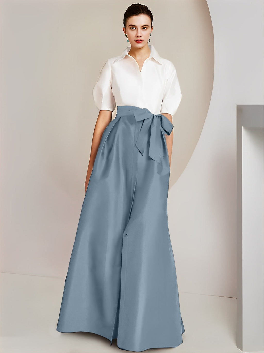 Robes de mère de la mariée 2 pièces, coupe trapèze/princesse, col chemise, manches courtes 
