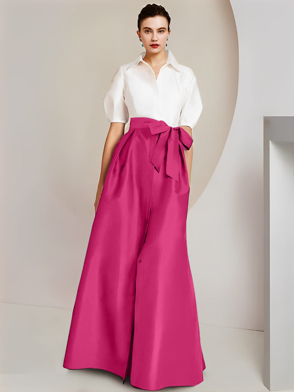 Robes de mère de la mariée 2 pièces, coupe trapèze/princesse, col chemise, manches courtes 