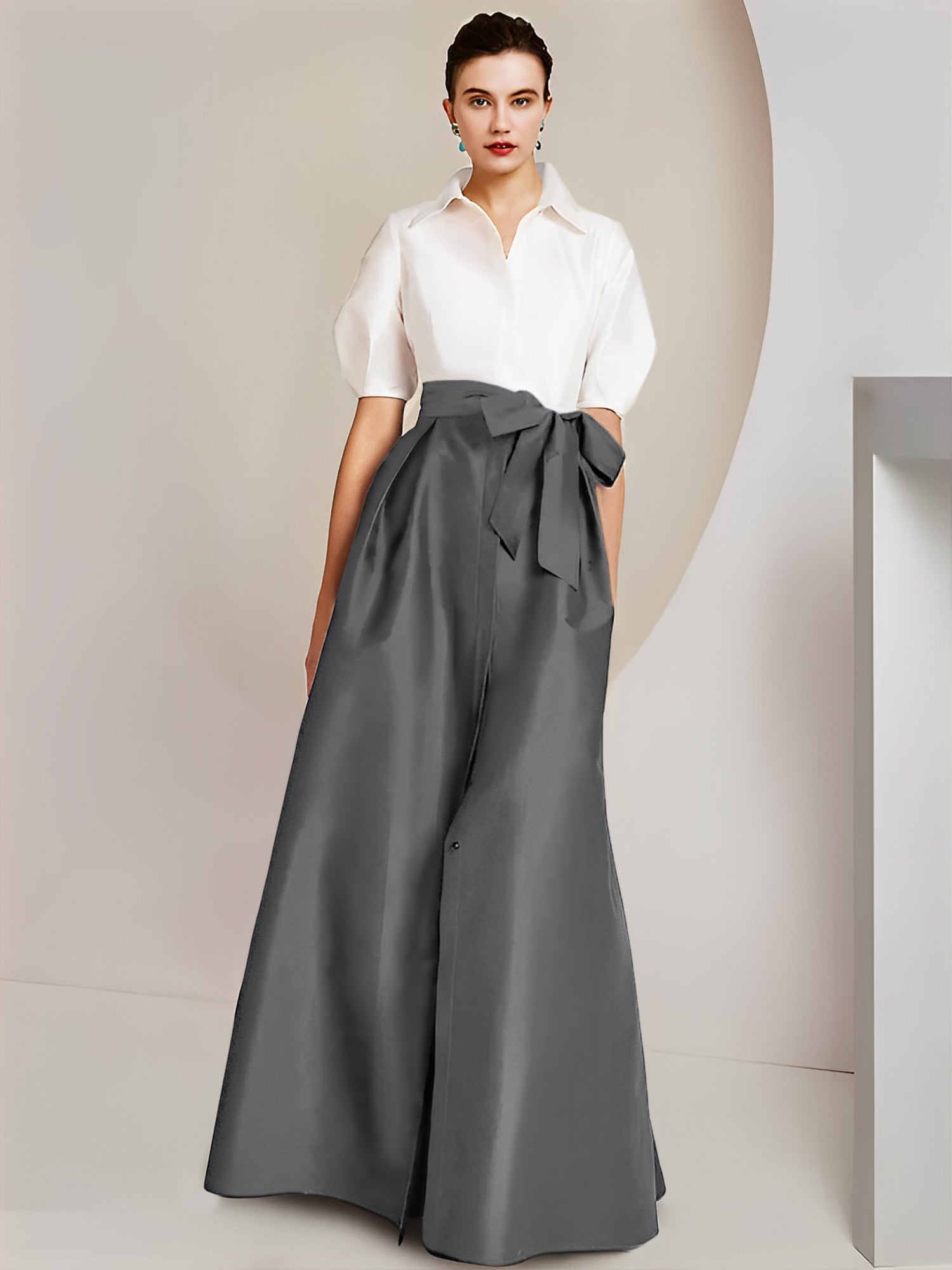 Robes de mère de la mariée 2 pièces, coupe trapèze/princesse, col chemise, manches courtes 