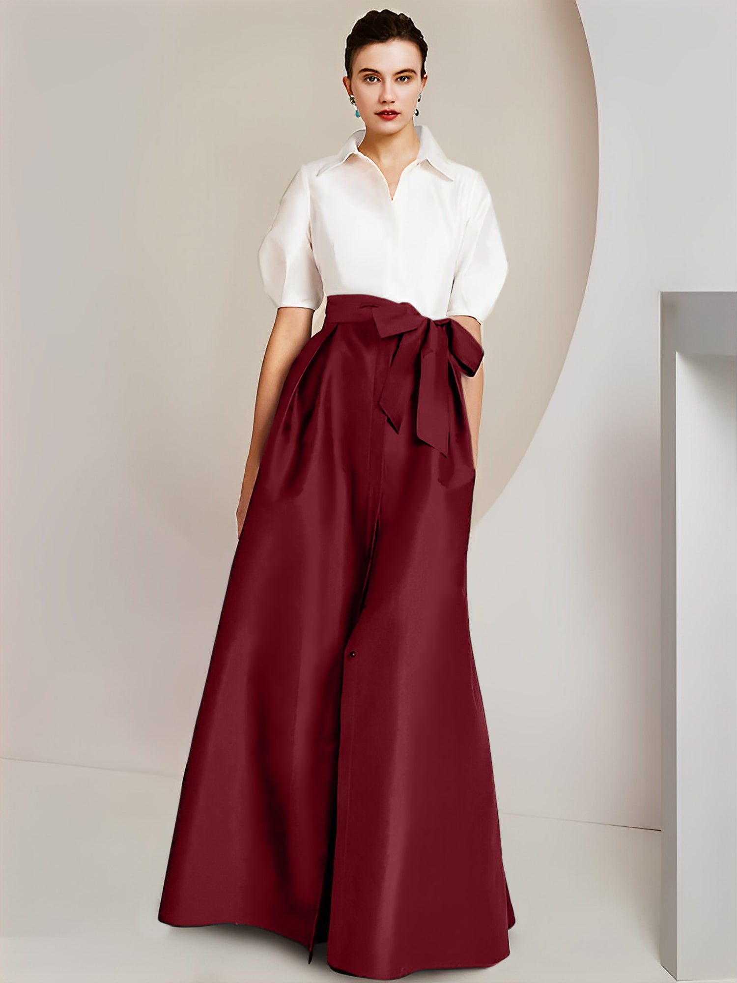 Robes de mère de la mariée 2 pièces, coupe trapèze/princesse, col chemise, manches courtes 