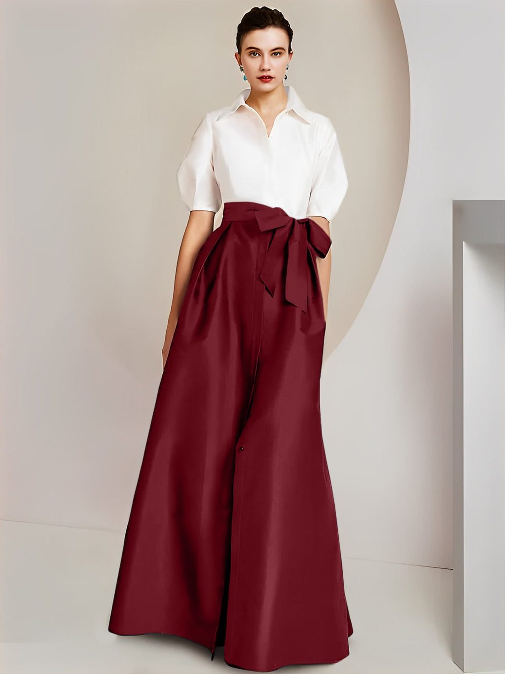 Robes de mère de la mariée 2 pièces, coupe trapèze/princesse, col chemise, manches courtes 