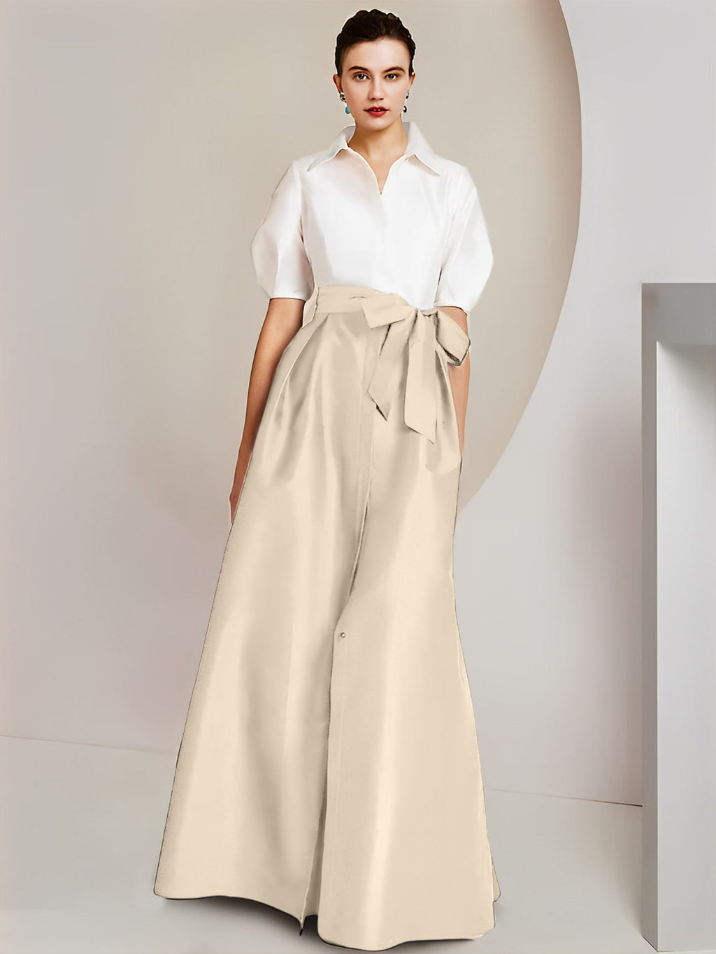 Robes de mère de la mariée 2 pièces, coupe trapèze/princesse, col chemise, manches courtes 