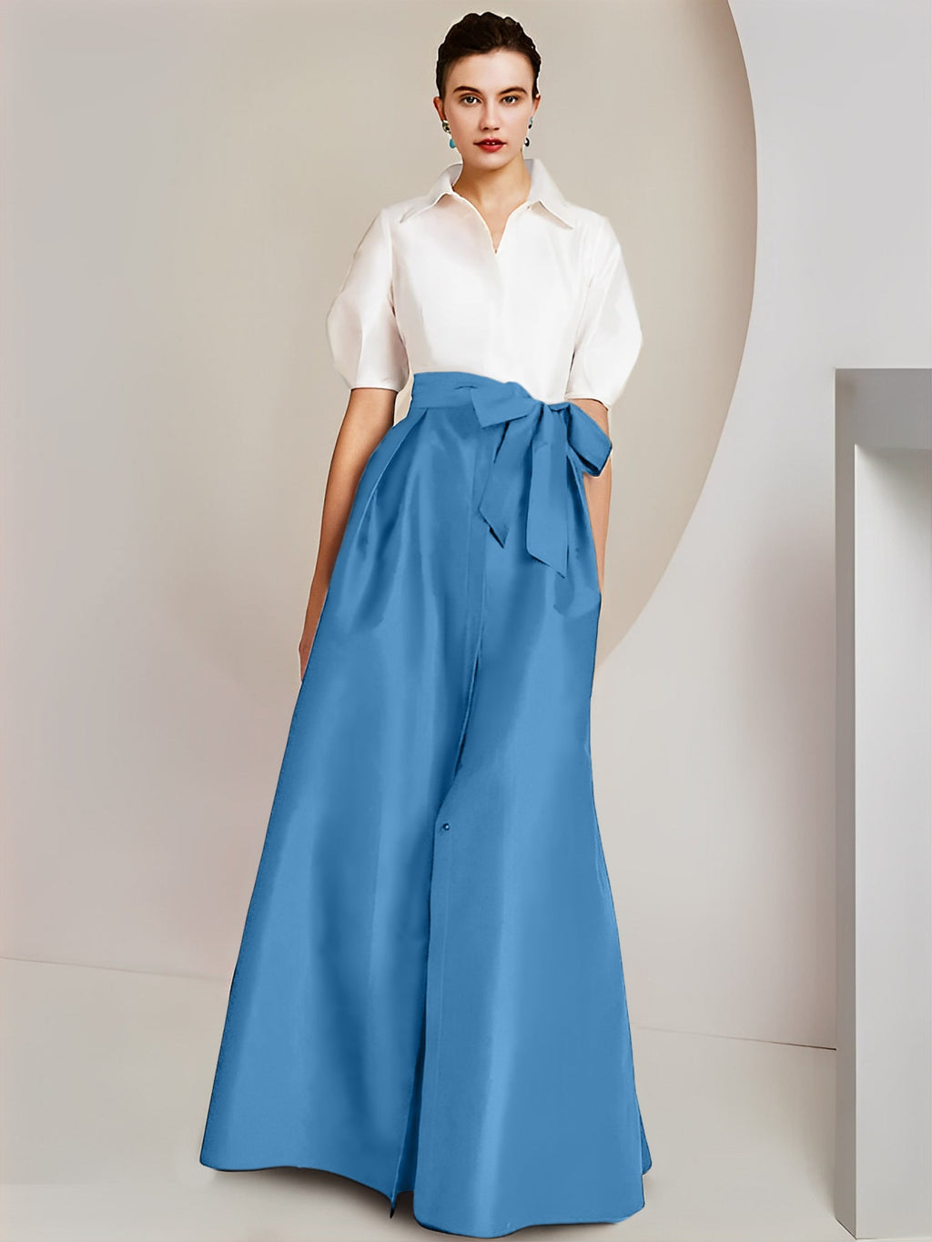 Robes de mère de la mariée 2 pièces, coupe trapèze/princesse, col chemise, manches courtes 