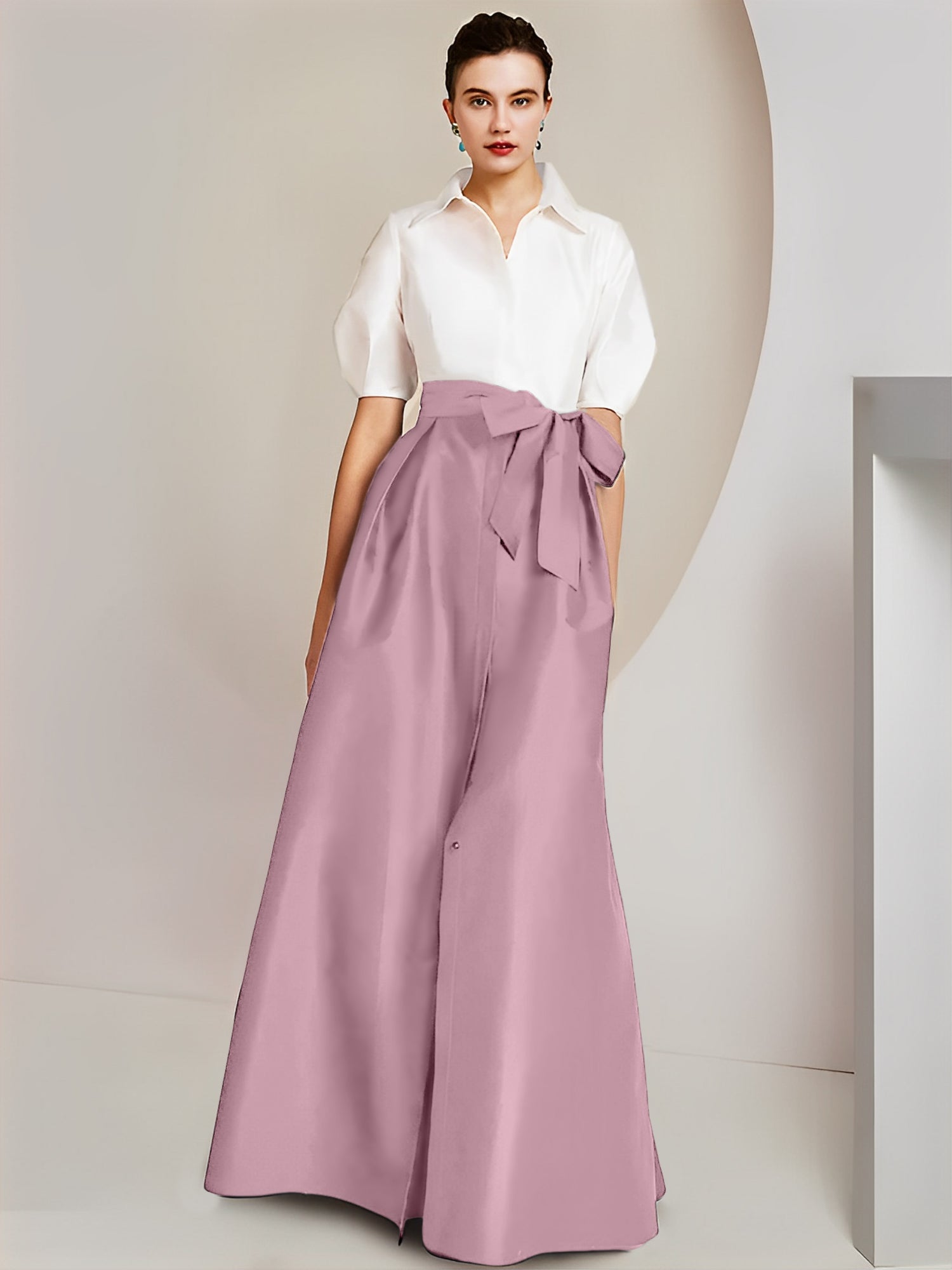 Robes de mère de la mariée 2 pièces, coupe trapèze/princesse, col chemise, manches courtes 