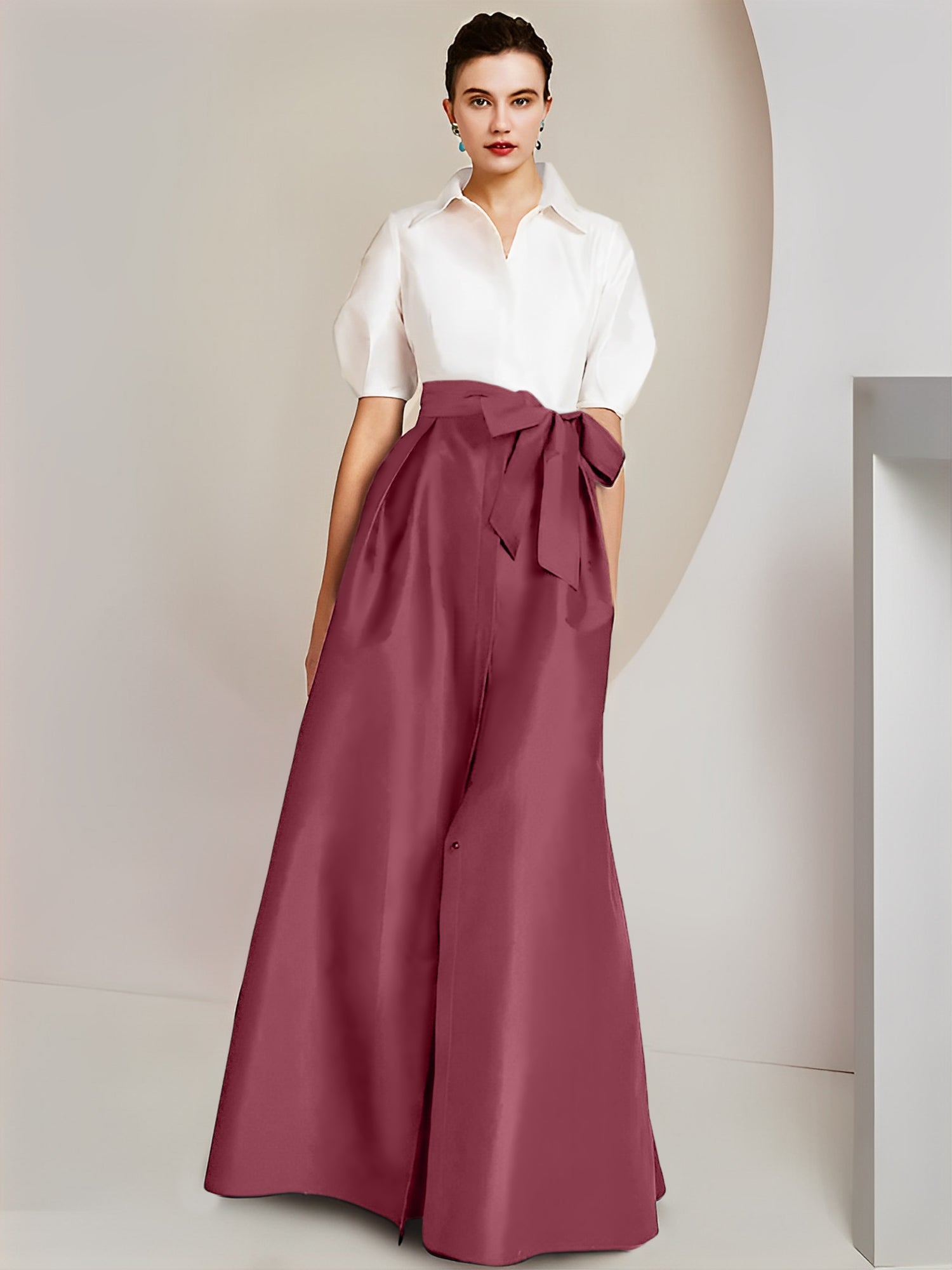 Robes de mère de la mariée 2 pièces, coupe trapèze/princesse, col chemise, manches courtes 