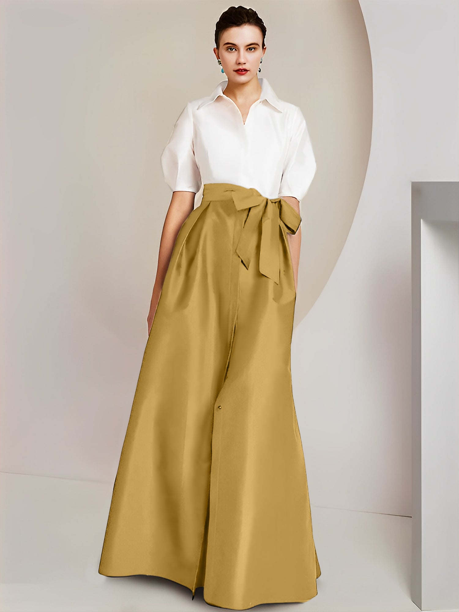 Robes de mère de la mariée 2 pièces, coupe trapèze/princesse, col chemise, manches courtes 