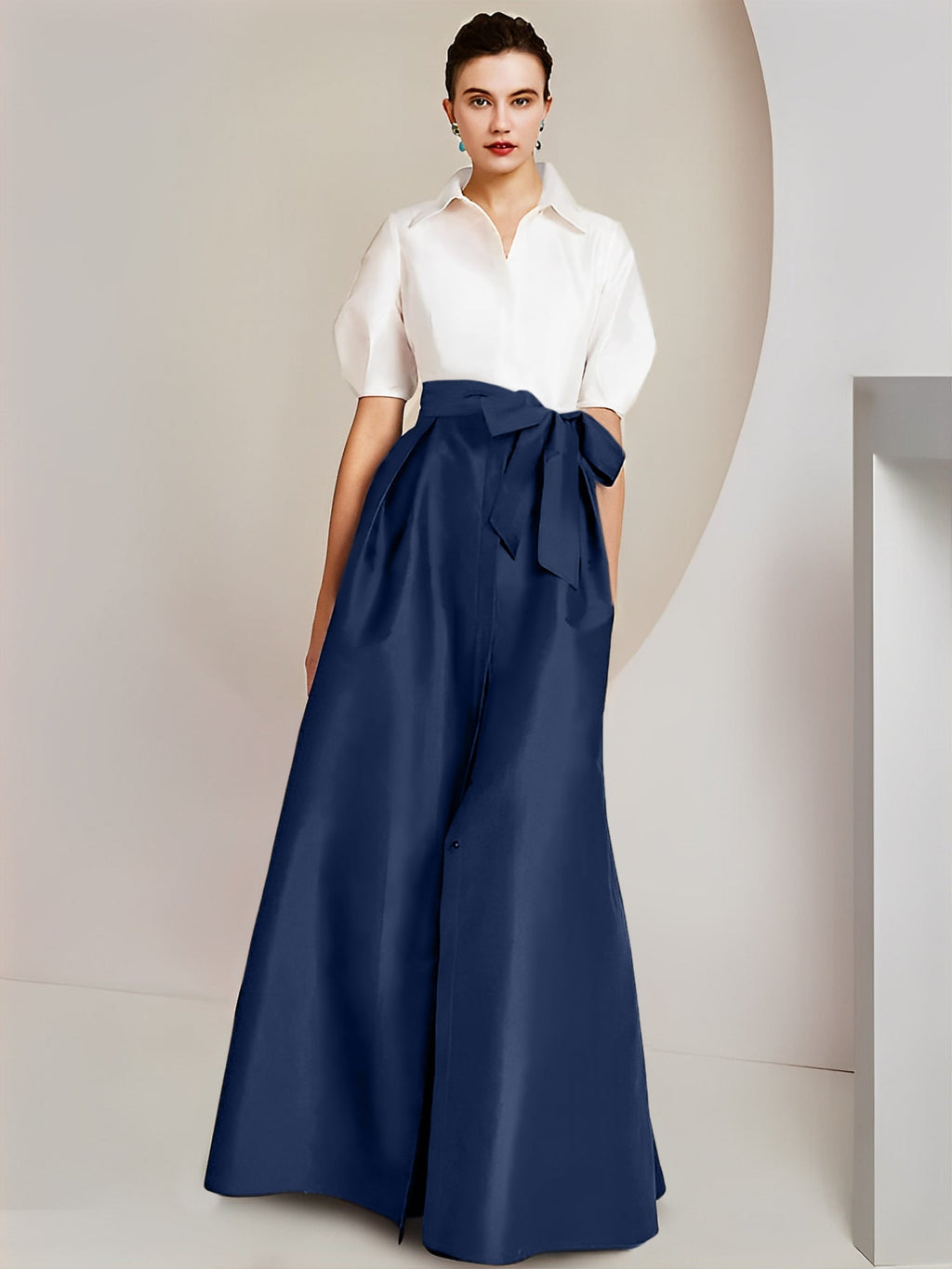 Robes de mère de la mariée 2 pièces, coupe trapèze/princesse, col chemise, manches courtes 