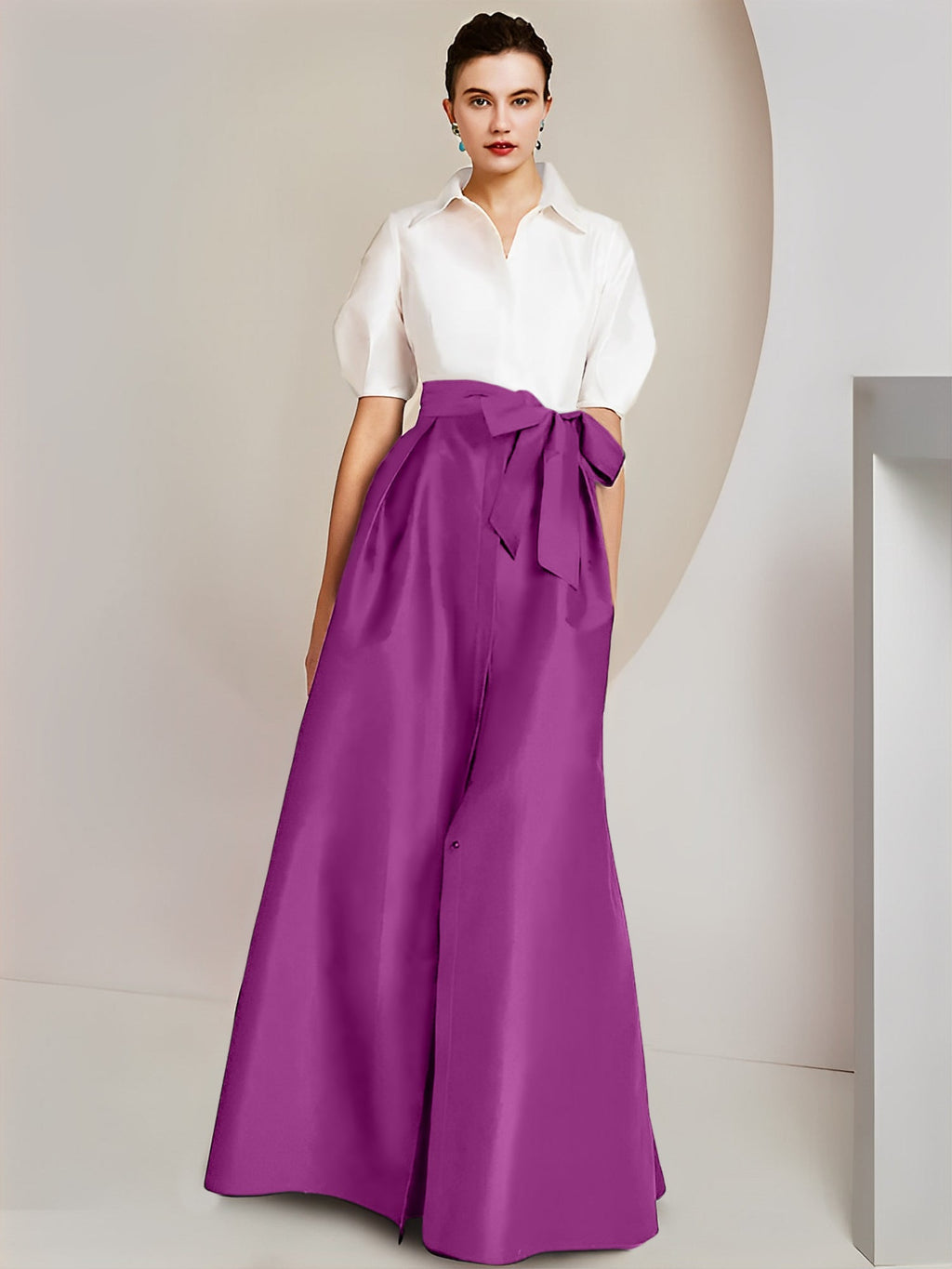 Robes de mère de la mariée 2 pièces, coupe trapèze/princesse, col chemise, manches courtes 