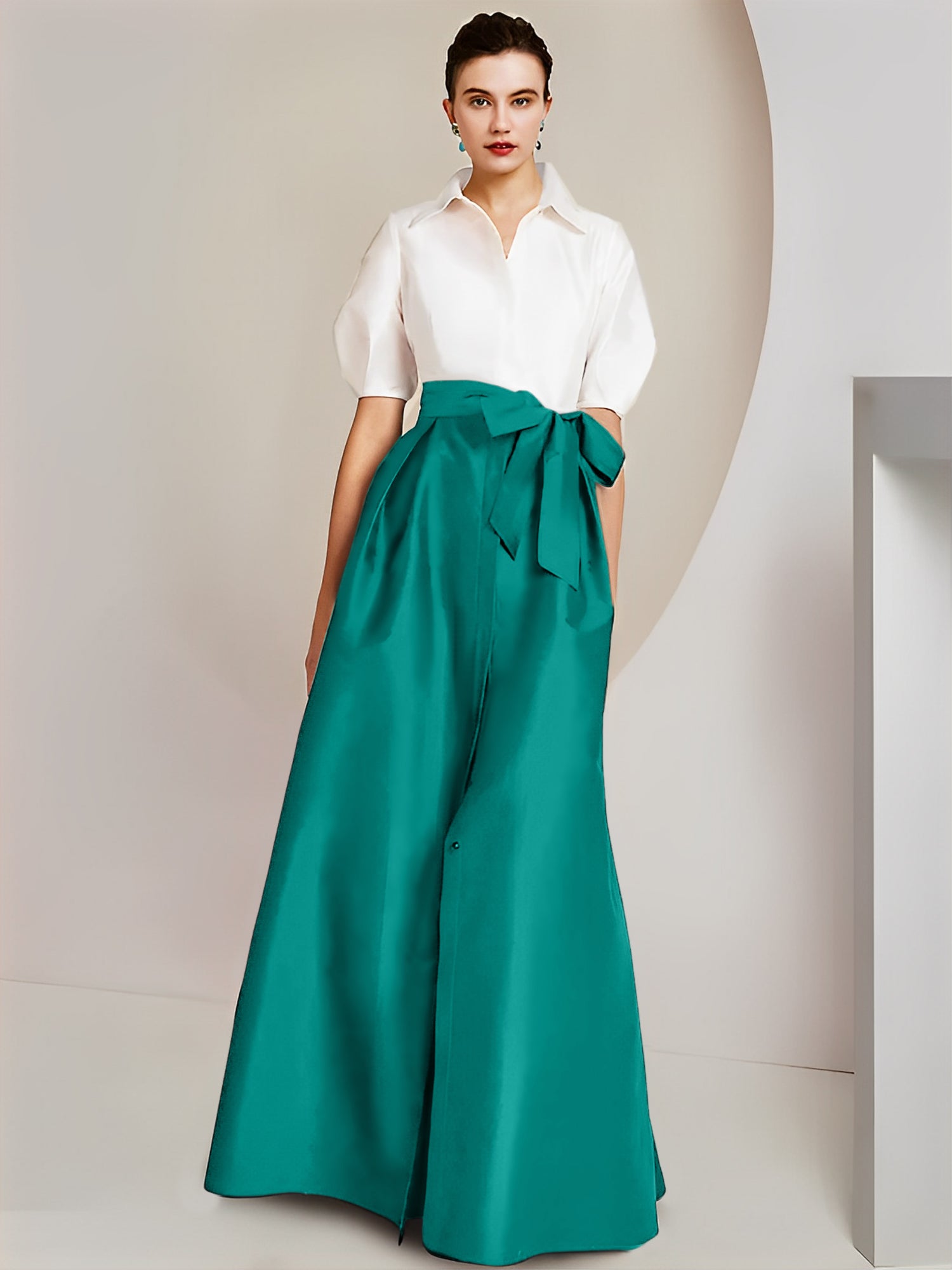 Robes de mère de la mariée 2 pièces, coupe trapèze/princesse, col chemise, manches courtes 