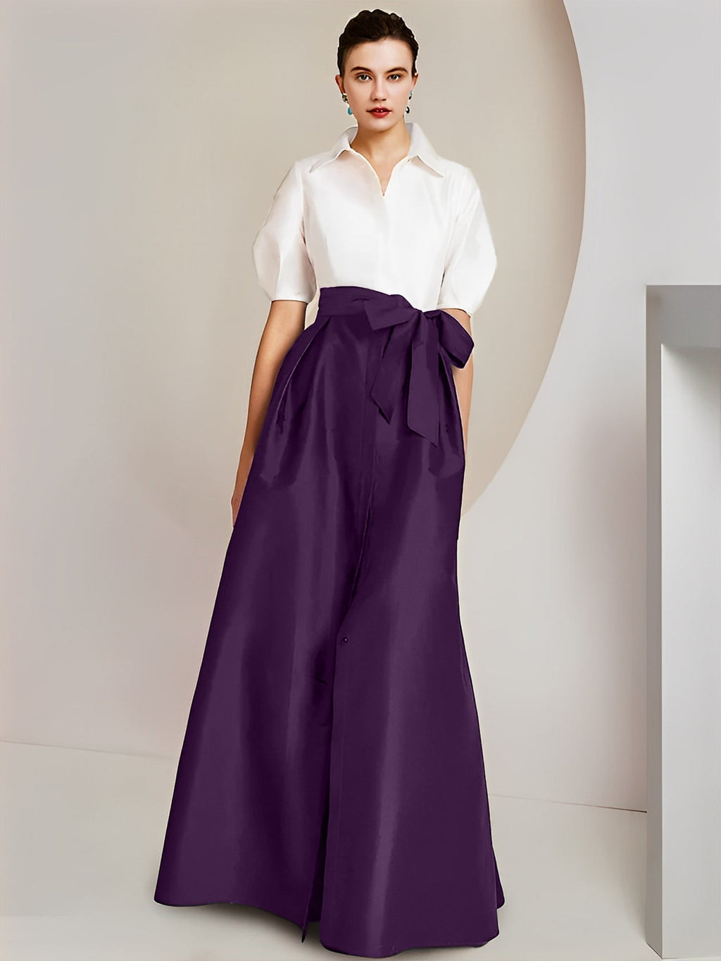 Robes de mère de la mariée 2 pièces, coupe trapèze/princesse, col chemise, manches courtes 