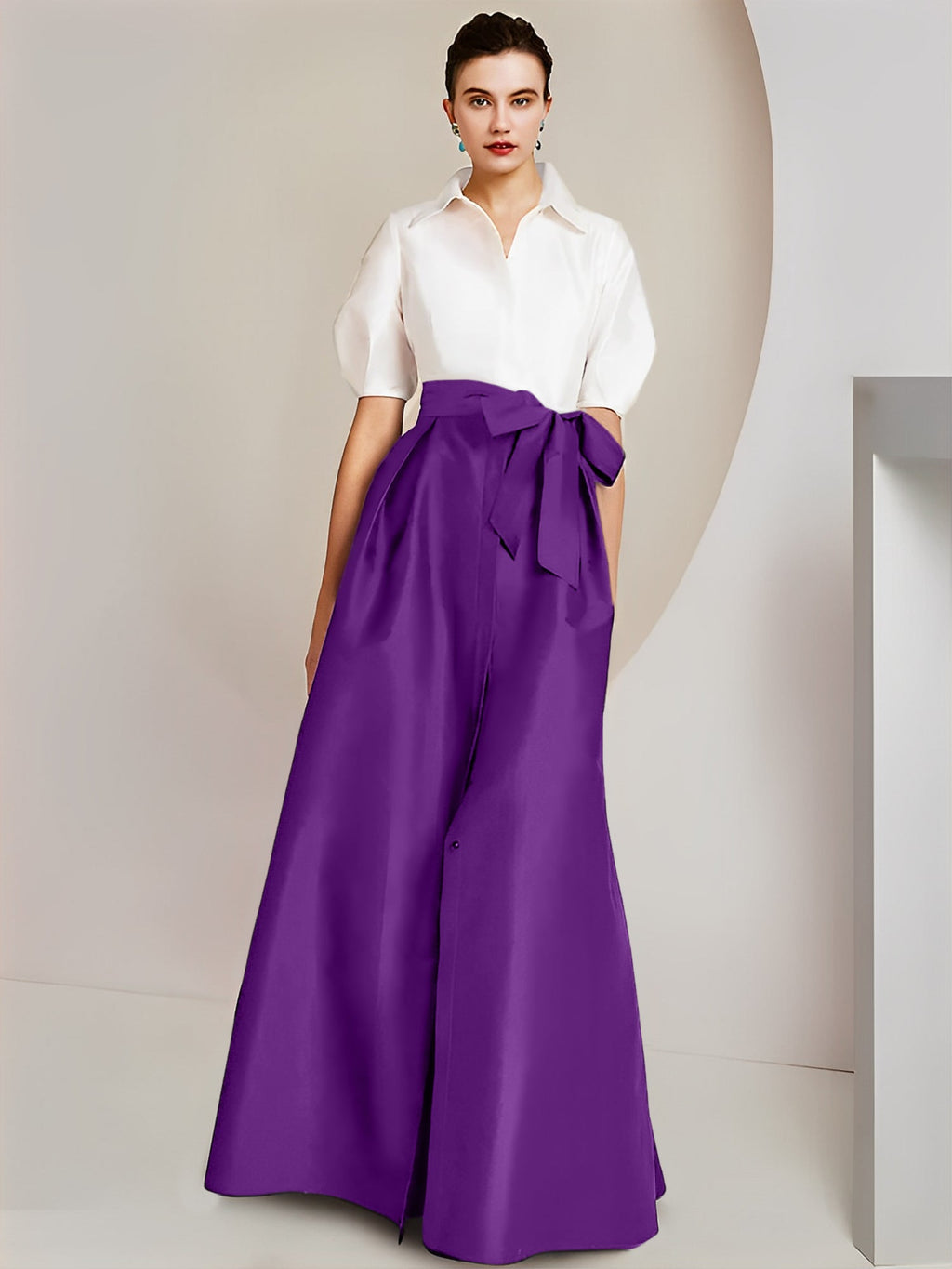Robes de mère de la mariée 2 pièces, coupe trapèze/princesse, col chemise, manches courtes 